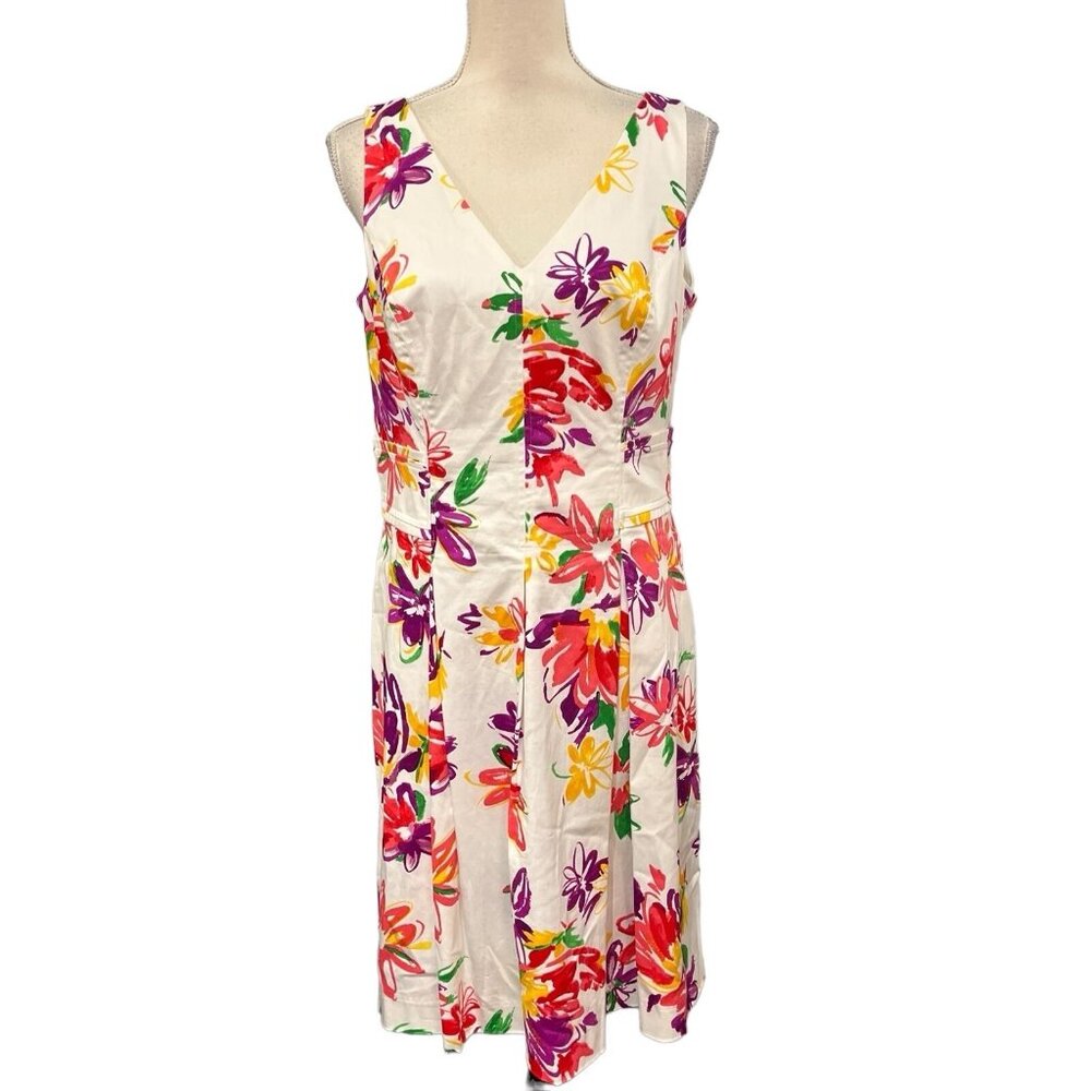 Chaps Dress Womens 12 White Multicolor Artsy Floral Midi Sleeveless Summer‎
